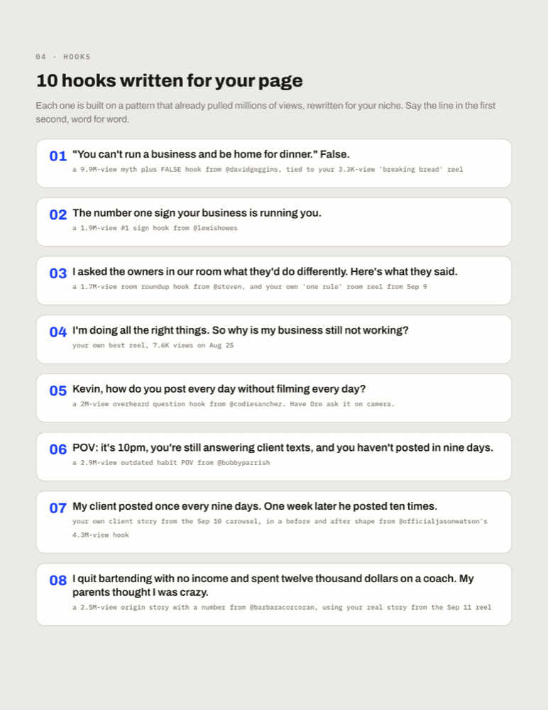 Sample page: 10 hooks written for your niche